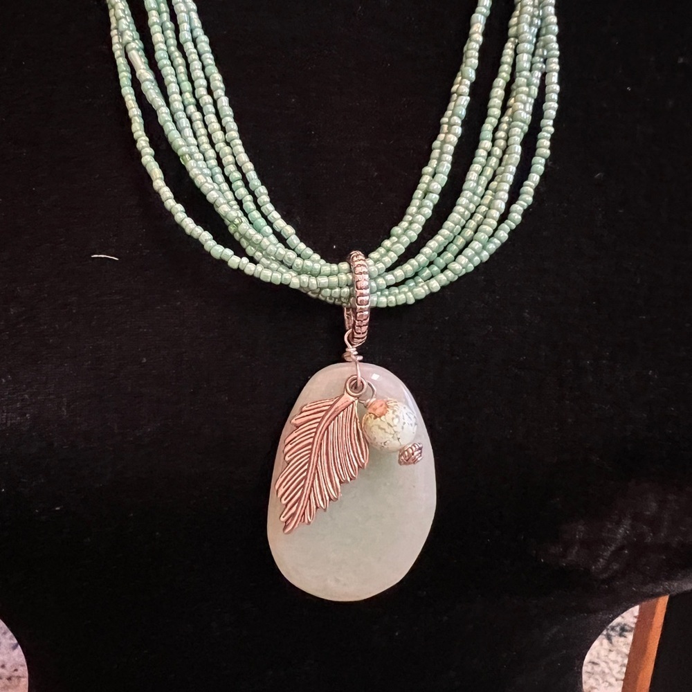 Multi-Strand Green Beaded Necklace – Aventurine Pendant with Leaf Charm - Picture 2 of 4